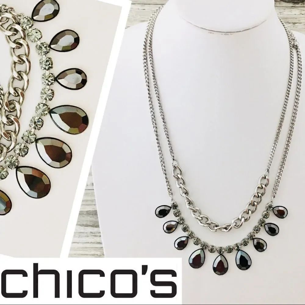 Chico’s Rhinestones Faceted Smokey gray Hametite Cabochon dangle Necklace 1017